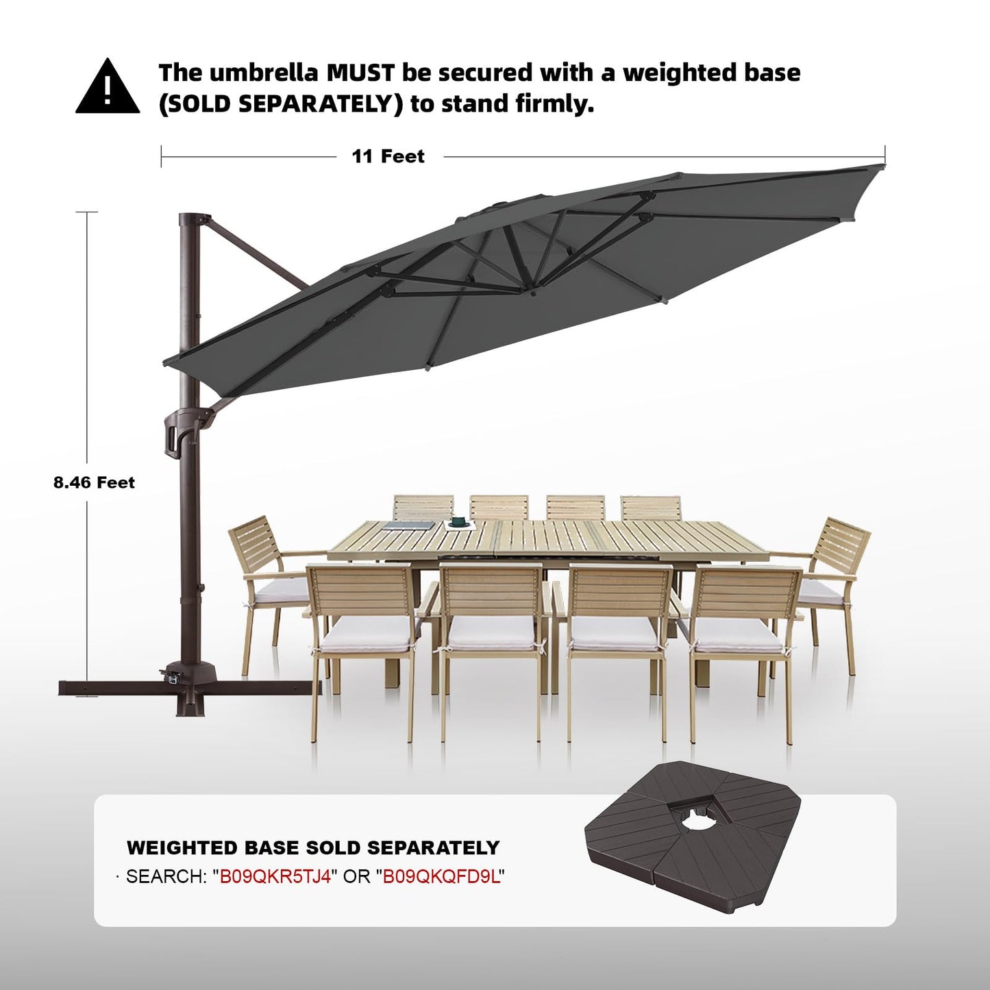 wikiwiki 11 FT Cantilever Patio Umbrella, Offset Umbrella Outdoor Patio, 6-Level 360°Rotation Heavy Duty Large Umbrella with Cross Base, Grey