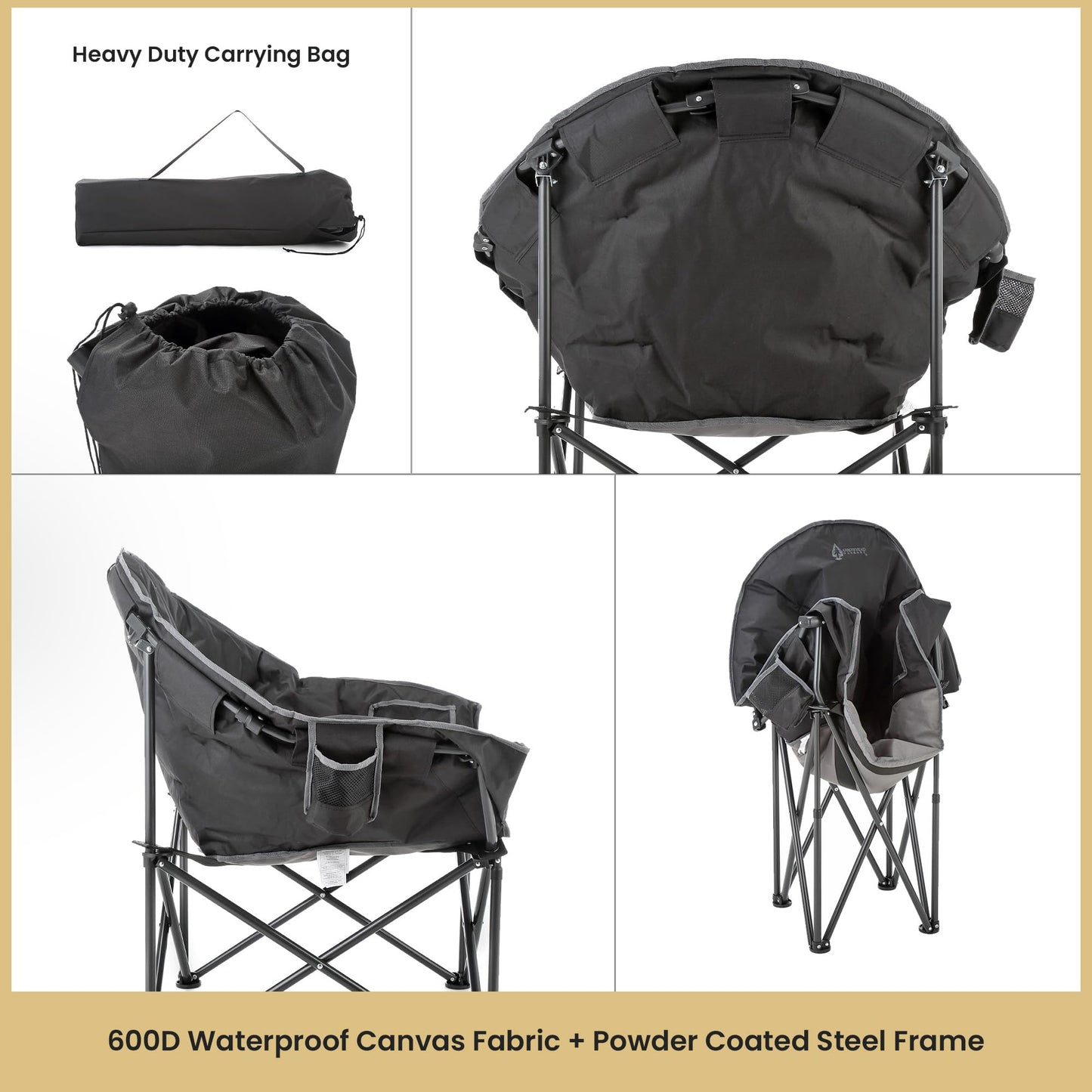 ARROWHEAD OUTDOOR Oversized Heavy-Duty Club Folding Camping Chair with Pocket, Cup Holder, Portable, Padded, Moon, Round, Saucer, Supports 330lbs, Carrying Bag