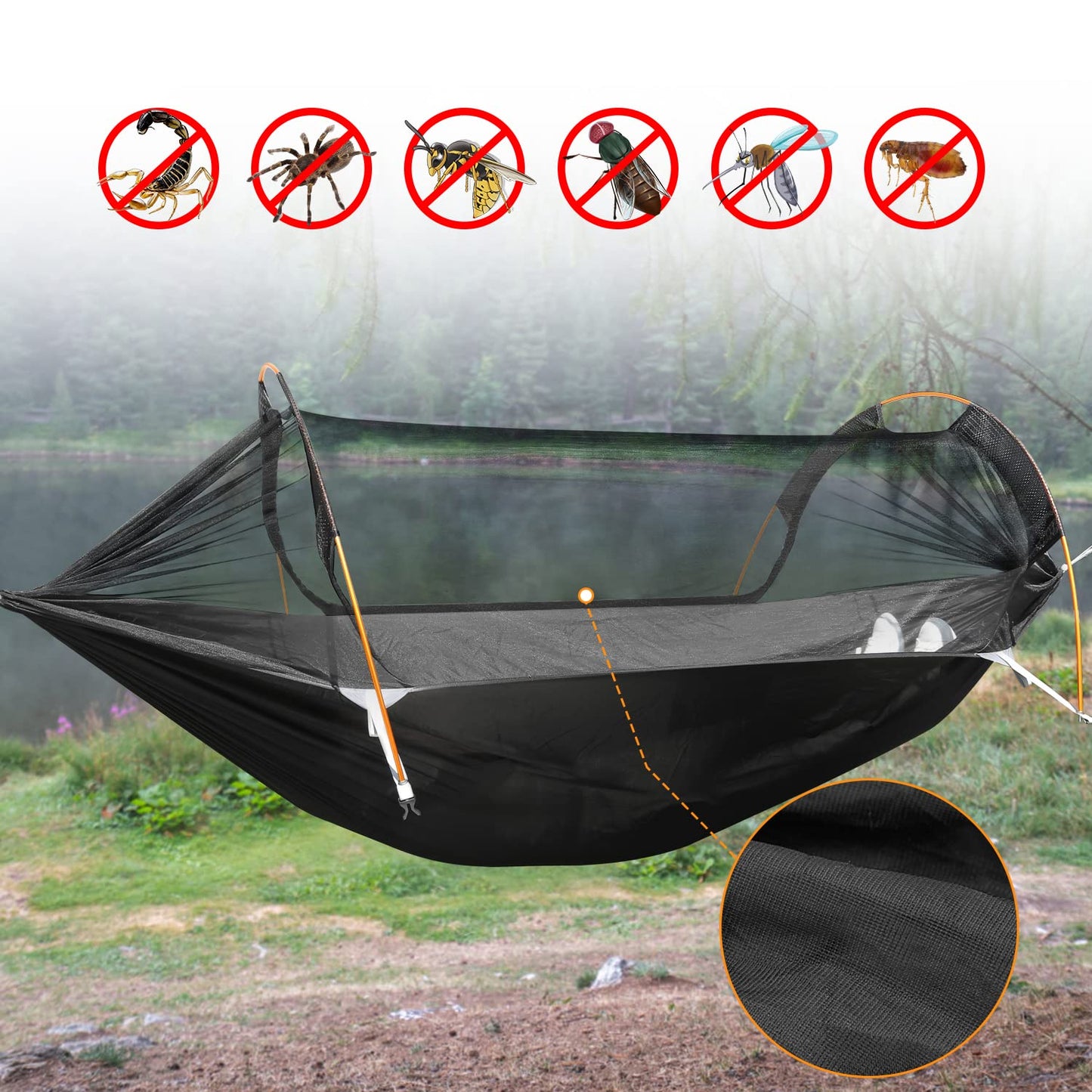 Patent Camping Hammock with Mosquito Net and Rainfly Cover, orange/grey