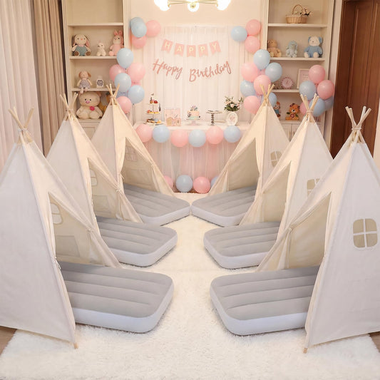 wilwolfer 6 Pack Kids Teepee Tent Bulk with Inflatable Airbed, Natural Toddler Play Tent for Girls Boys Indoor Sleepover Slumber Party Birthday Gifts