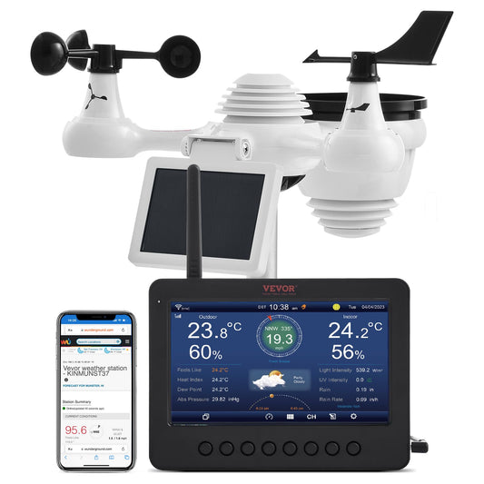 VEVOR 7-in-1 Wi-Fi Solar Self-Charging Weather Station with 7" TFT Color Display, Solar-Powered Outdoor Sensor, Indoor&Outdoor Monitoring for Temperature, Humidity, Wind Speed/Direction and Rainfall