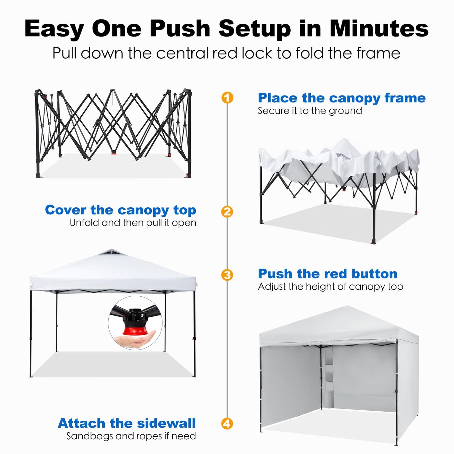 GAFETE 10X10 Comercial Pop Up Canopy Tent with 4 Sidewalls and 6 Pockets, One Push Setup Center Lock, Portable Instant for Beach Patio Outdoor Events, Case, 8 Stakes, 4 Ropes, 4 Sandbags (White)