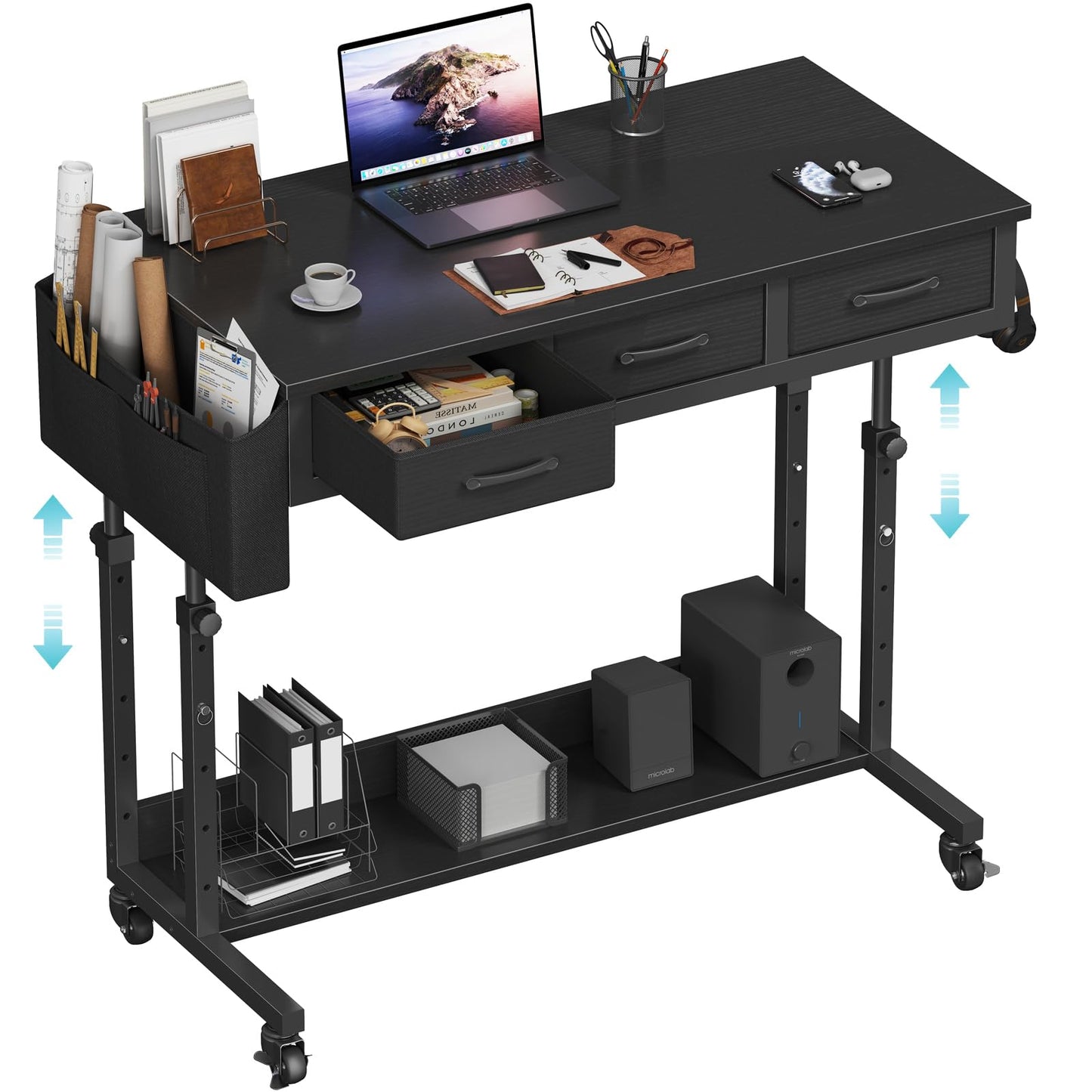 Rolling Standing Desk Adjustable Height with Drawers, 40 Inch Mobile Stand Up Portable Teacher Desks on Wheels for Classroom, Couch Sofa Side Laptop Table with Storage for Bedroom Home Office, Black