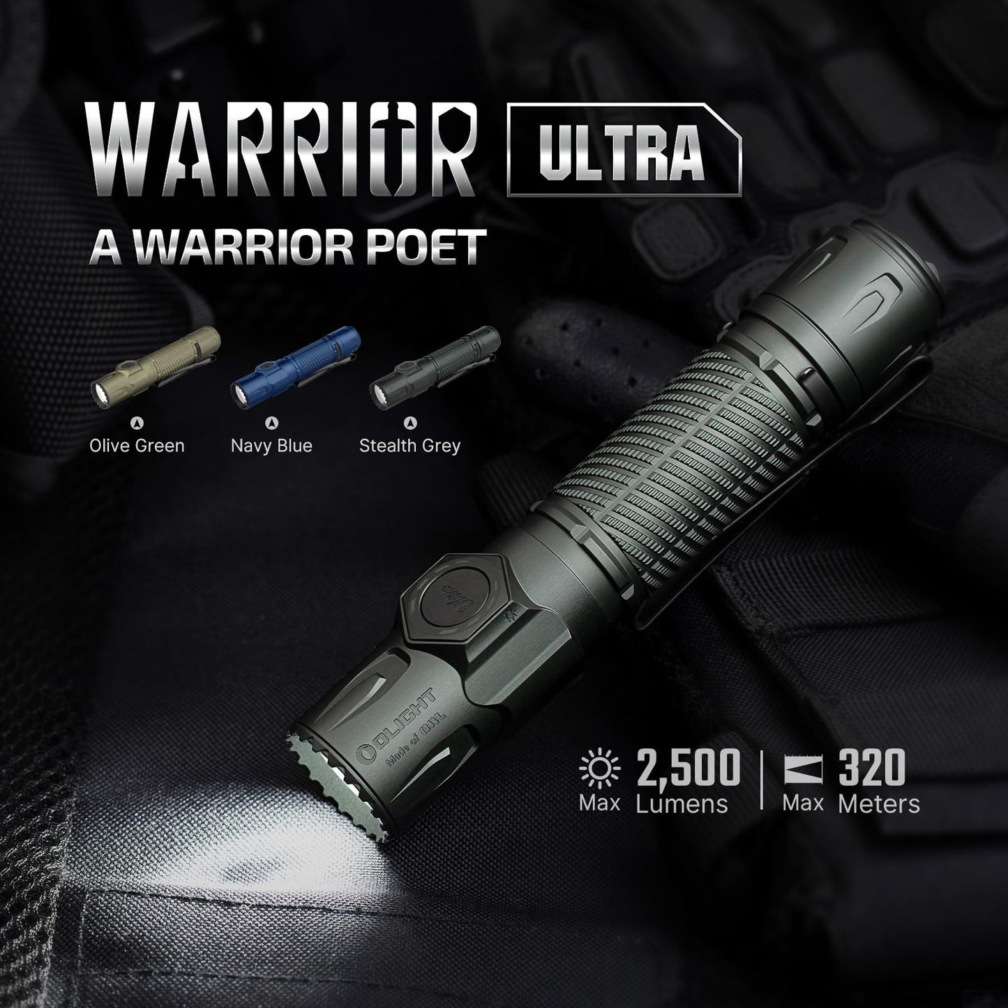 OLIGHT Warrior Ultra 2500 Lumens Tactical Flashlight, Compact Dual Switches Rechargeable Bright Light with Proximity Sensor, Suitable for Emergency, Outdoor, Searching (Olive-Green)