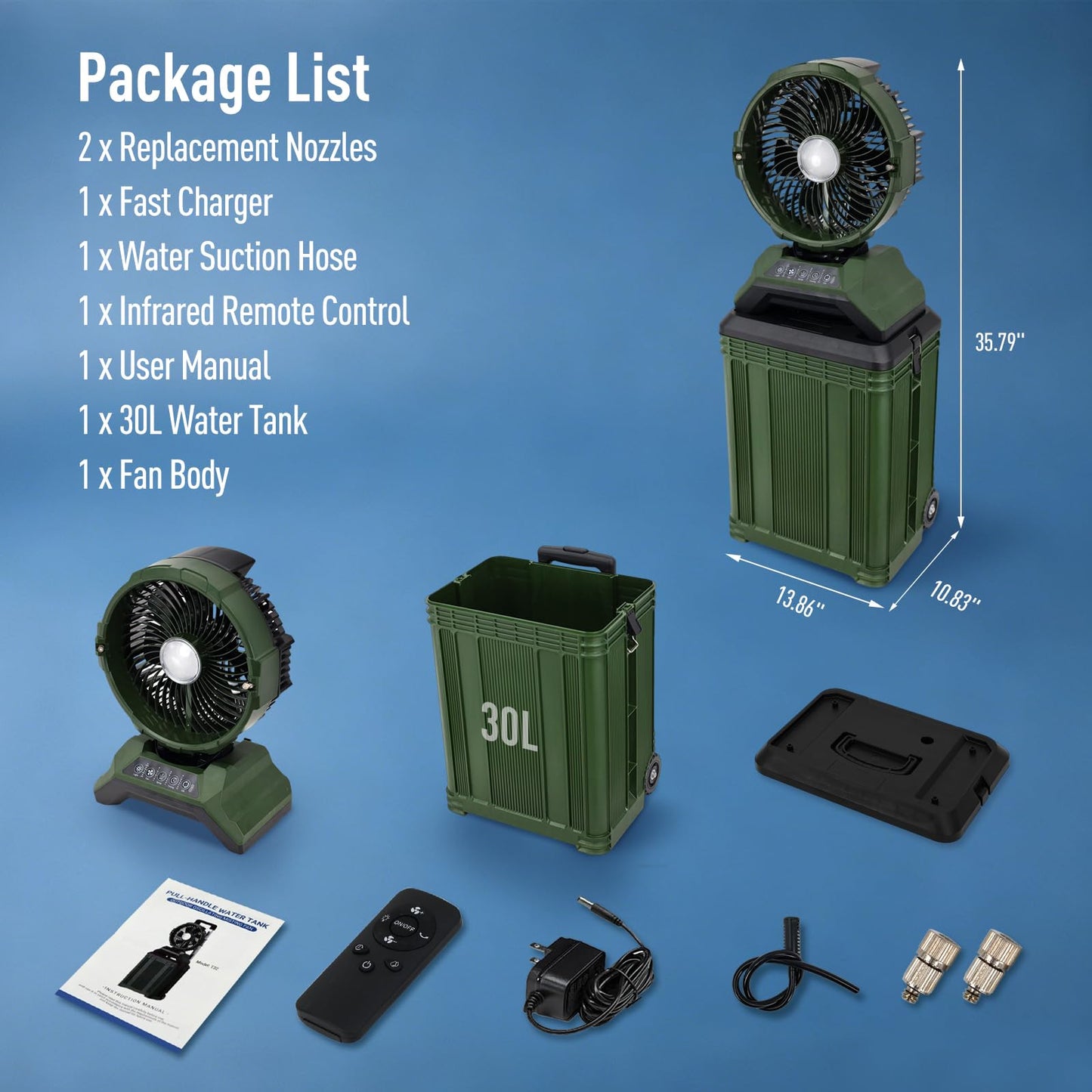 ZMLBTF 30L Portable Misting Fan, Bucket Rolling Mist Fan, 30000mAh Rechargeable Outdoor Cooling Fan with Remote, 4 Speeds, 3-Speed Light, for Patio, Camping, Sports, Outside & Travel(Green)