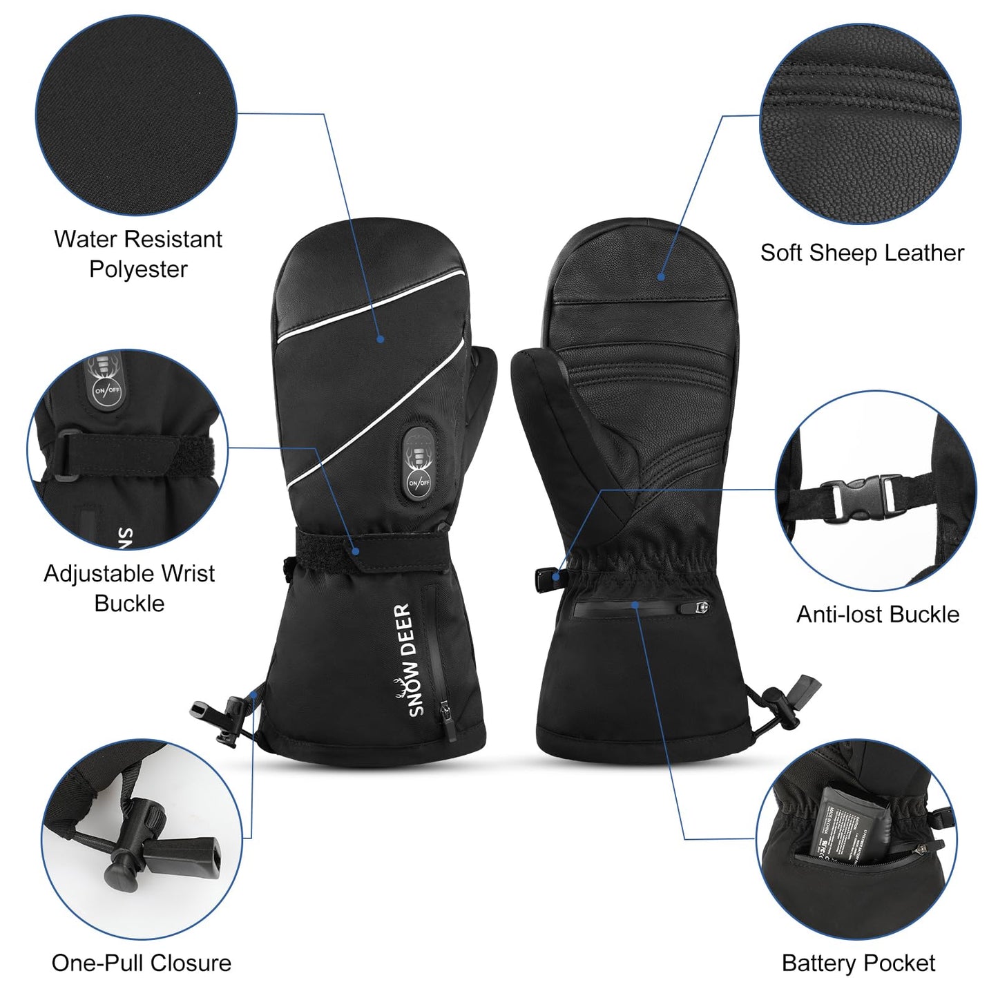 SNOW DEER Heated Mittens Gloves for Men and Women, 7.4V 2200MAH Electric Rechargeable Battery Ski for Winter Skiing Skating Snow Camping Hiking Heated Arthritis Hand Warmer Gloves(M)