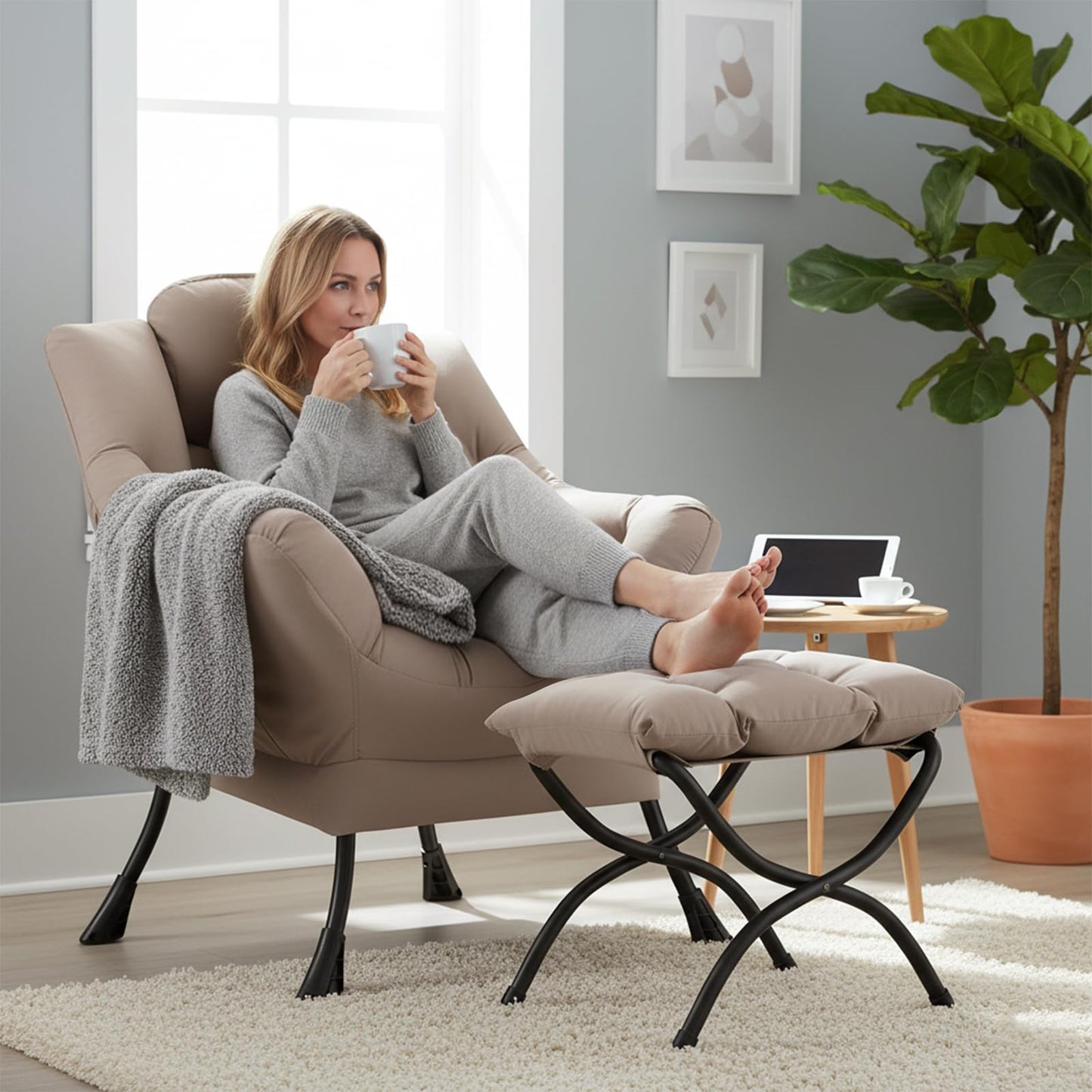 Welnow Lazy Chair with Ottoman, Modern Reading Accent Chair with Armrests and a Side Pocket, Leisure Upholstered Lazy Sofa Set with Footrest for Small Space, Khaki