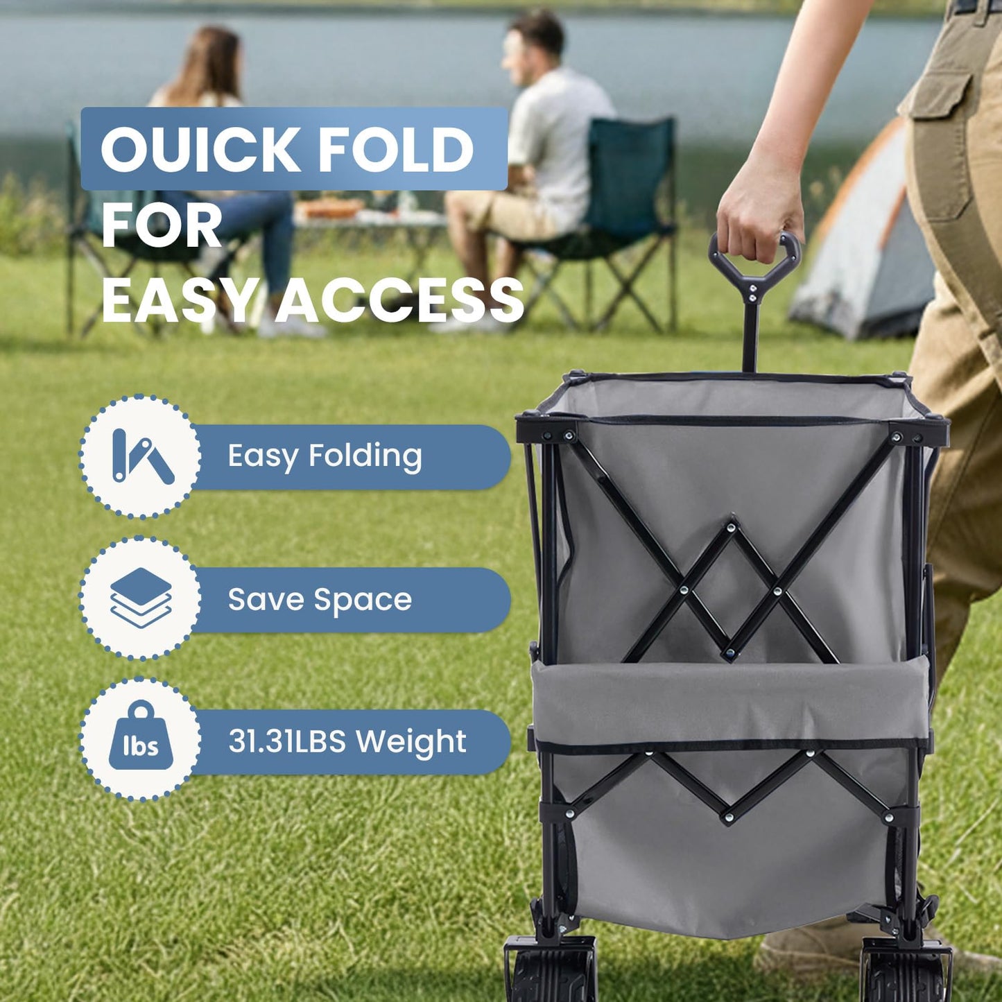 OLIXIS Wagon Cart Collapsible Double Decker 440 lbs Heavy Duty Wagon with All-Terrain Wheels & Adjustable Handle, Portable 400L Storage Utility Cart for Garden, Camping, Sports, Shopping, Grey