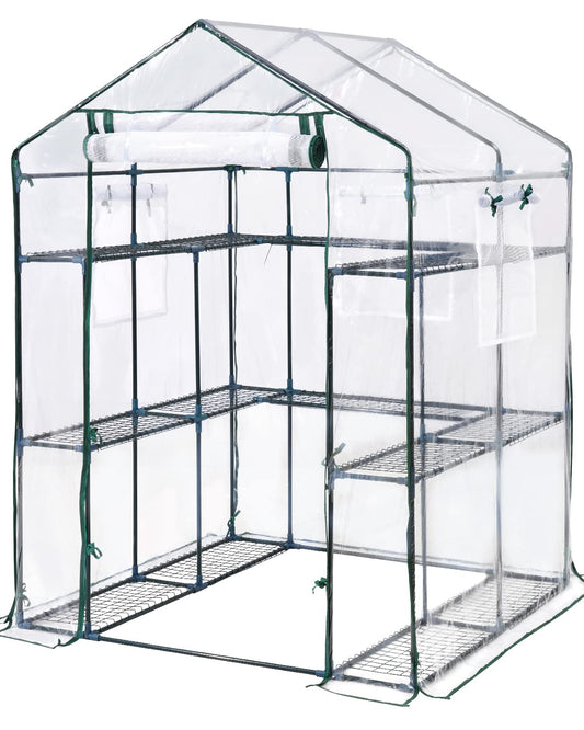 KING BIRD Premium Greenhouse for Outdoors, 56x56x77 in Walk-in Hot House with Thickened Cover, Reinforced Frame, Screen Windows & Mesh Door, 3 Tiers 14 Shelves for Outside Garden Seedlings, Clear