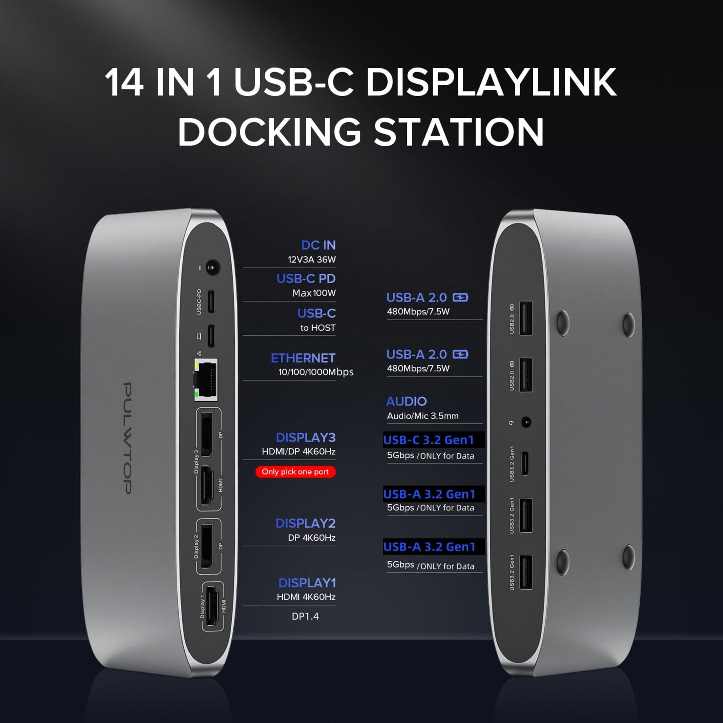 PULWTOP Displaylink Docking Station, Triple Display DisplayLink Dock for MacBook M1/M2/M3 Windows, 4K@60Hz Laptop Docking Station with 2 HDMI, 2 Display Port, PD, USB C Data, 4 USBA, Ethernet, Audio