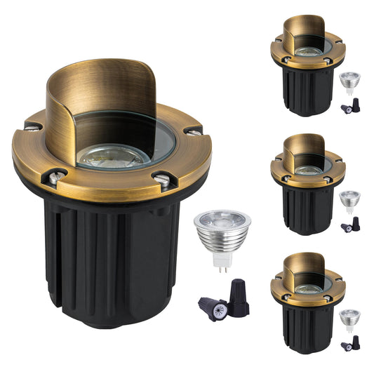 LumStory 4-Pack Brass Well Lights 12V Low Voltage Landscape Lighting Outdoor LED Landscape Ground Light with 5W MR16 GU5.3 Bulb 3000K Warm White for Path, Deck, Garden (Shield Top)