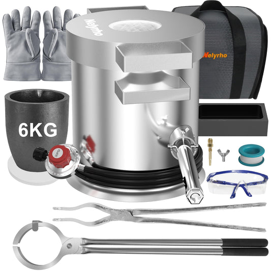 Nelyrho 6KG Melting Furnace Kit, Stainless Steel Foundry with Crucible Tongs, Ingot Mold, Goggles, Gloves, Carry Bag, Ideal for Smelting Silver, Copper, and Aluminum, Metal Recycling Casting Tool