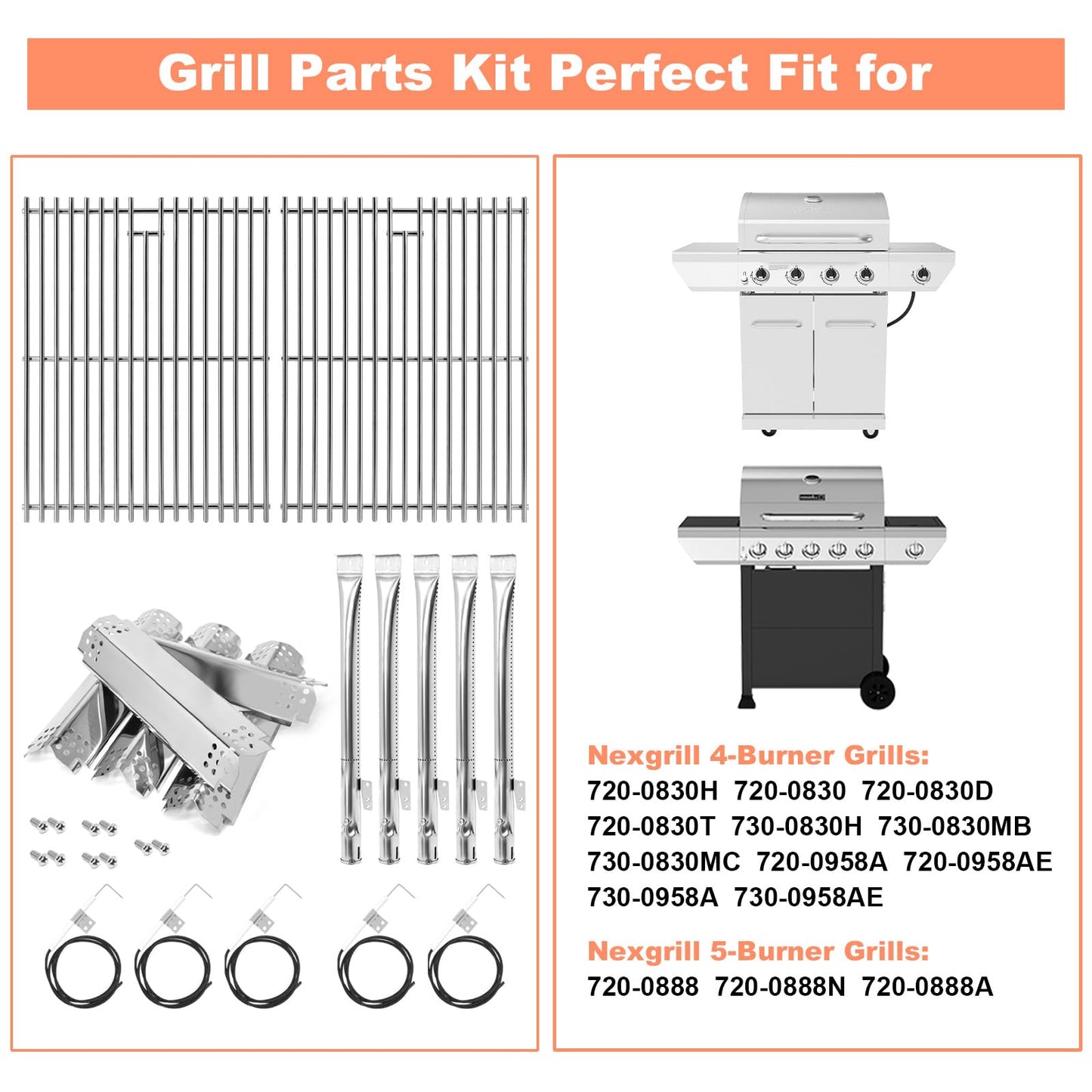 Grill Parts for Nexgrill 5 Burner 720-0888 720-0888N 720-0888A,4 Burner Nex-grill 720-0830H 720-0830 Stainless Steel Cooking Grates, Heat Plates, Burner Replacement Kit for Home Depot Nex grill