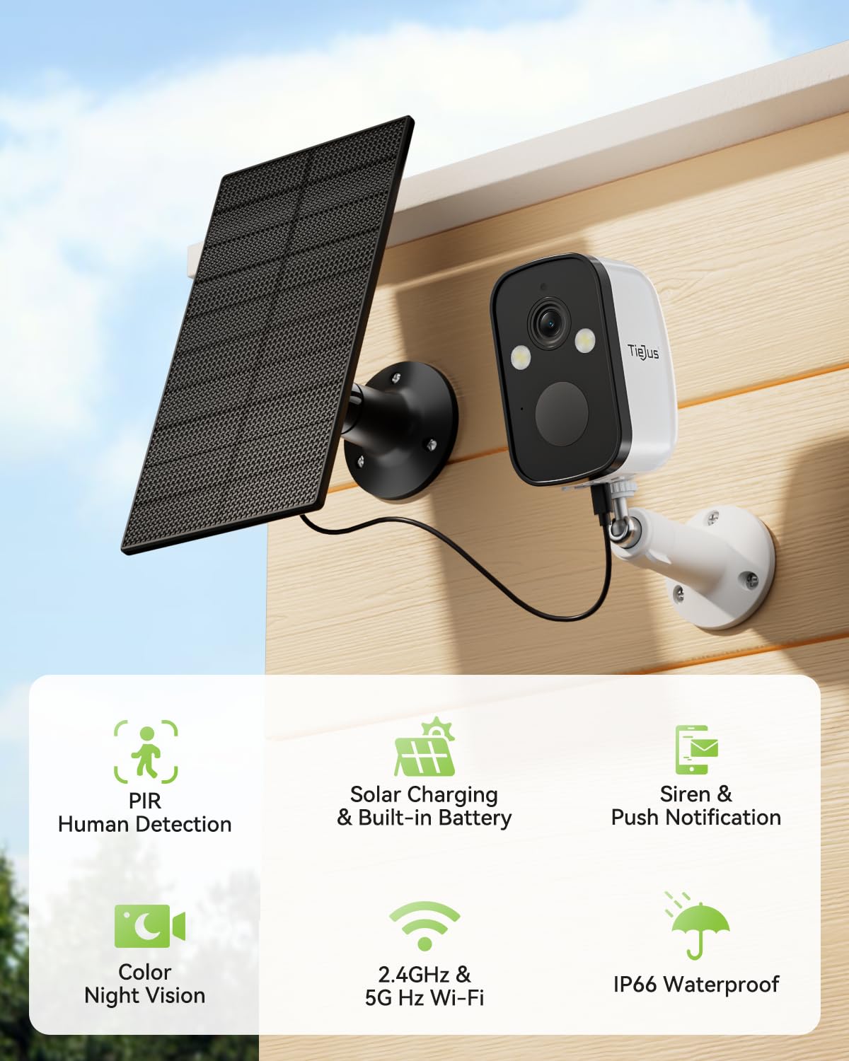 TIEJUS 2K 5G Security Cameras Wireless Outdoor, 4-Pack Solar-Powered Camera for Home with Full Color Night Vision, PIR Detection, IP66/Alexa/2 Way Talk, No Subscription, 5G/2.4GHz WiFi