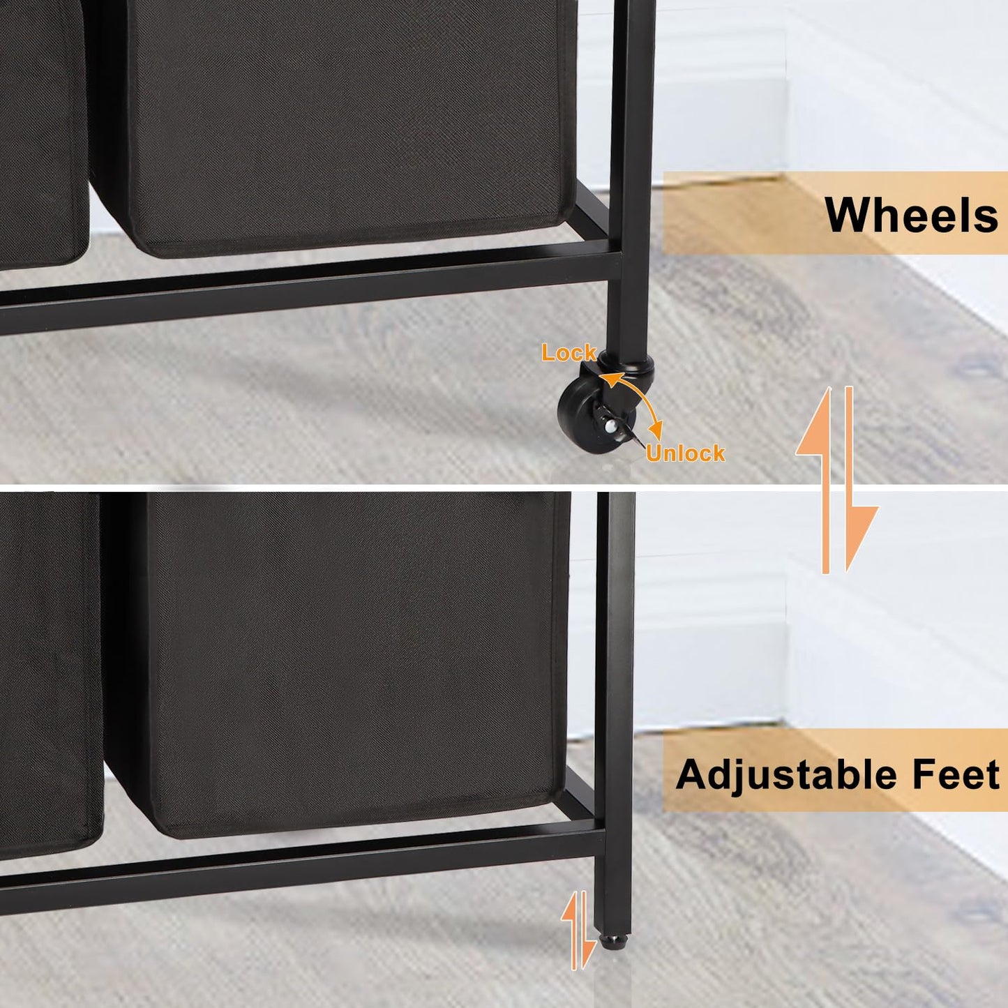 Timberer Laundry Hamper, Laundry Sorter 3 Section, Rolling Laundry Basket with Wheels, 3 Drawers, 3 × 14.5 Gal (55 L), Pull-Out and Removable Oxford Fabric Bags, Black and Rustic Brown