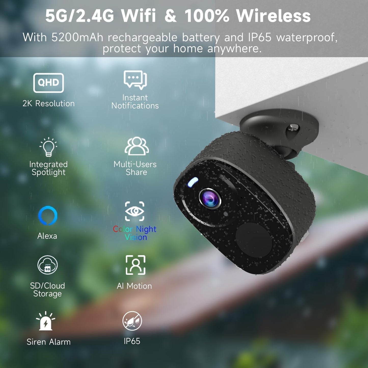 4Pack 5G/2.4G WiFi Security Cameras, 2K Security Cameras Wireless Outdoor Battery Powered with AI Motion Detection Siren Alarm, Color Night Vision, 2-Way Talk, IP65 Waterproof, Works w/Alexa, Cloud/SD