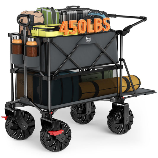 TIMBER RIDGE Push & Pull Double Decker Wagon, 400L Large Capacity Heavy Duty & 450lb Load, Collapsible Cart with All-Terrain Wheels & Brakes, 54” Extended Foldable for Sports, Beach, Camping, Grey