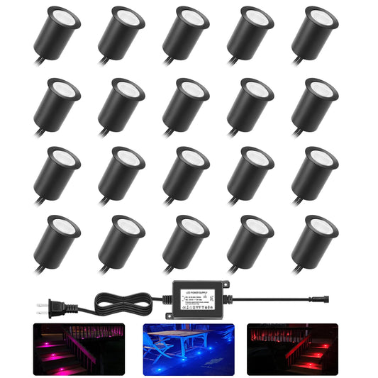 RNEHON LED Outdoor Deck Lights Kits with Protecting Shell, RGB Φ1.18in IP67 Waterproof Recessed Stair Step Landscape Lighting, 12V Low Voltage for Garden Yard Patio Floor Kitchen Decoration (20 Pack)