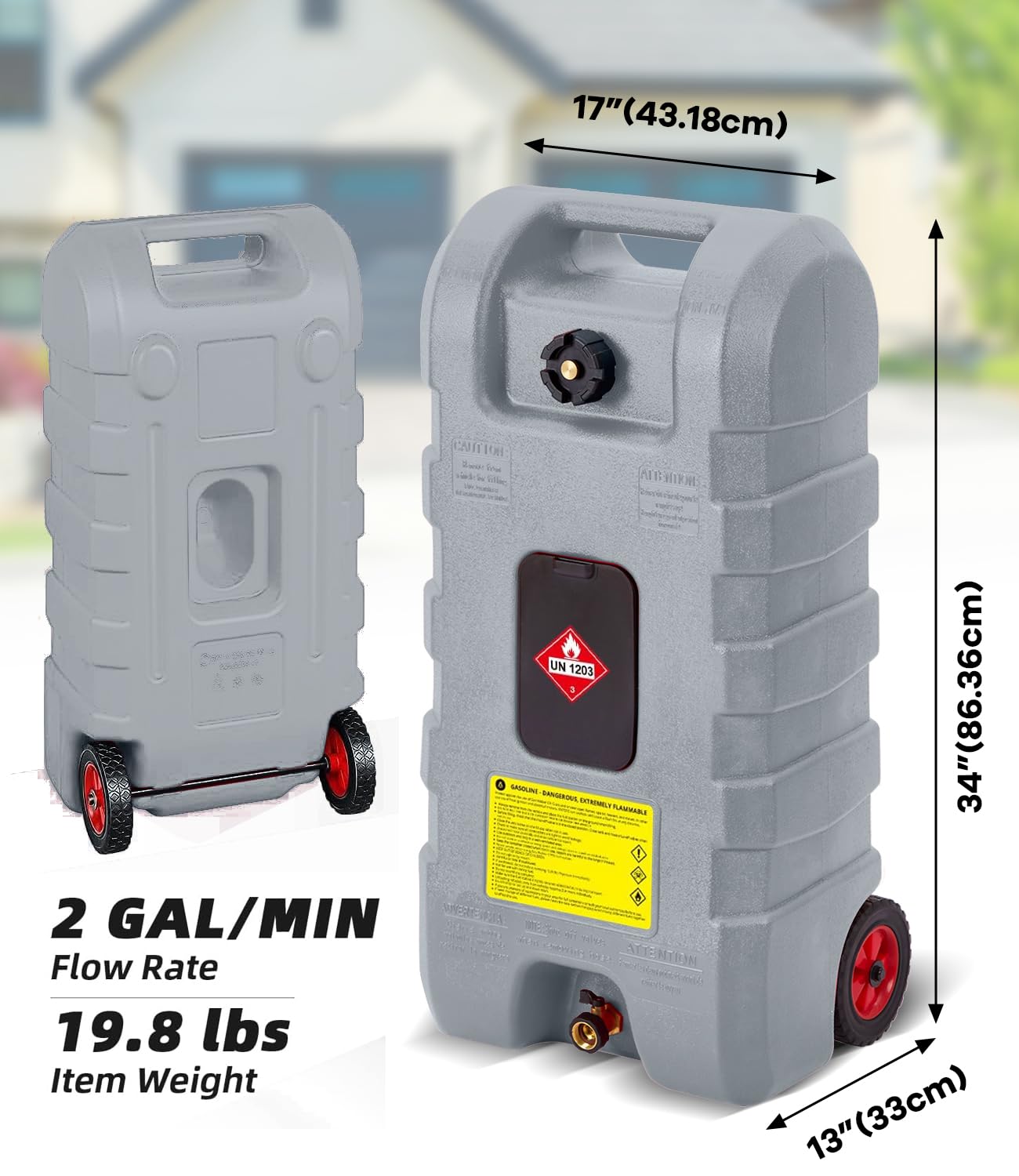 Garvee 15 Gallon Gas Caddy, Heavy-Duty Gas Can and Fuel Caddy with Manual Fuel Transfer Pump, Portable Fuel Tank on Wheels with 10 ft Hose for Lawn Mowers, Cars, Boats, ATVs, Home and Farm Use, Grey
