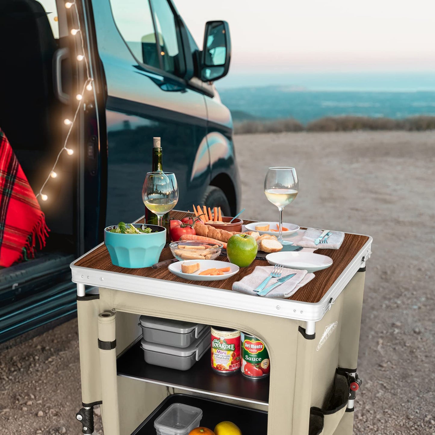 EAGLE PEAK Outdoor Folding Camping Table with Large 3-Tier Storage Organizer and Side Pockets, Easy Set Up Portable Aluminum Camping Kitchen, Beige