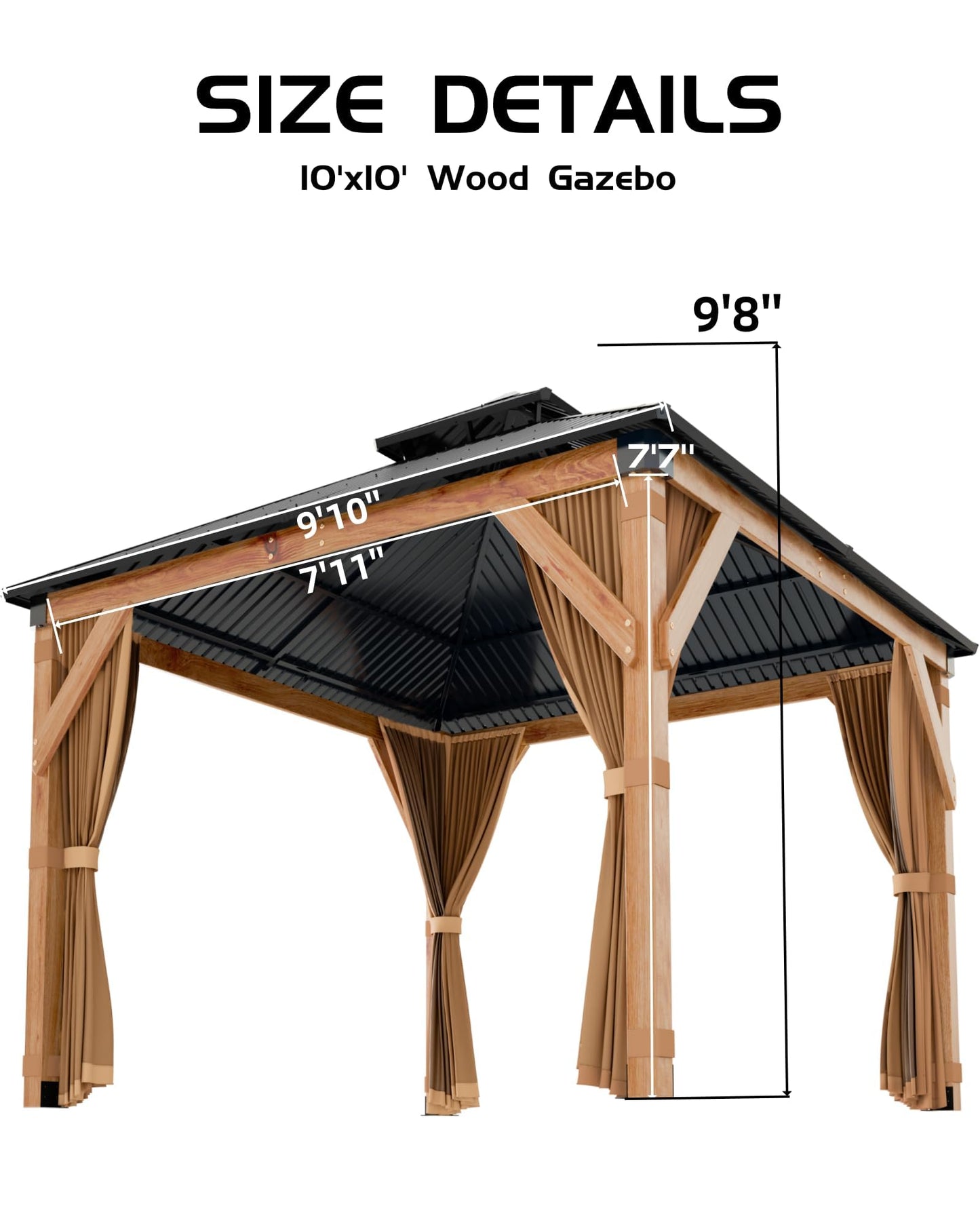 10x10 ft Wood Gazebo, Upgrade Spruce Frame and Double Galvanized Steel Roof, Hardtop Gazebo