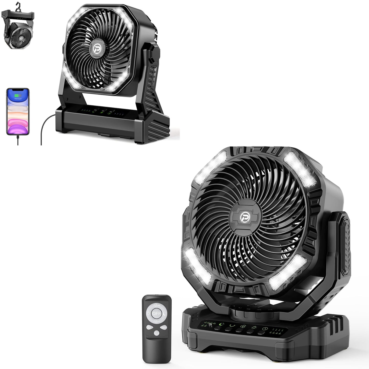 AddAcc 40000mAh Battery Operated Camping Fan & Portable Rechargeable Desk/Camping Fan with Light and Hook