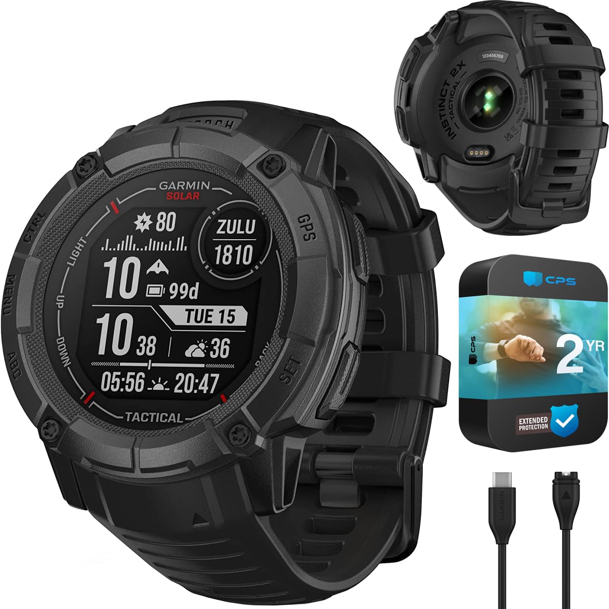 Garmin Instinct 2X Solar - Tactical Edition, Solar Charging, Rugged GPS Smartwatch, Built-in Flashlight, Ballistics Calculator, Black 010-02805-13 Bundle with 2 YR CPS Enhanced Protection Pack