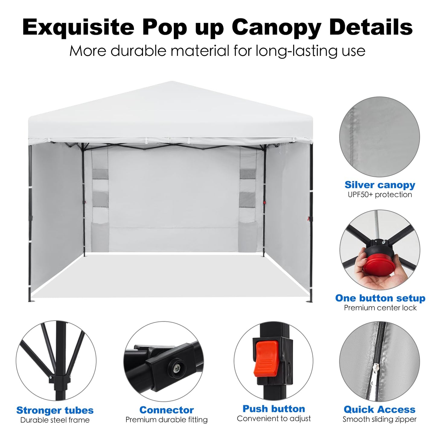 GAFETE 10X10 Comercial Pop Up Canopy Tent with 4 Sidewalls and 6 Pockets, One Push Setup Center Lock, Portable Instant for Beach Patio Outdoor Events, Case, 8 Stakes, 4 Ropes, 4 Sandbags (White)
