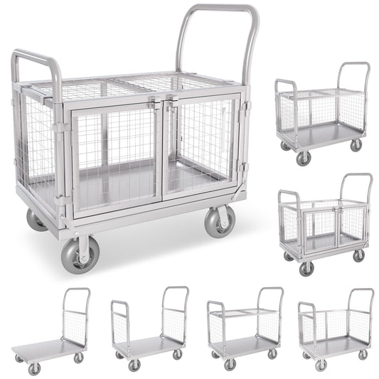 Upgrade Platform Truck with Cage, Mutipurpose 7-in-1 Heavy-Duty Utility Cart,2-Door Design Foldable Flatbed Cart with Industrail Wheels, Rmovable Fence, Load 2000lbs for Grocery/Laundry/Stall/Storage