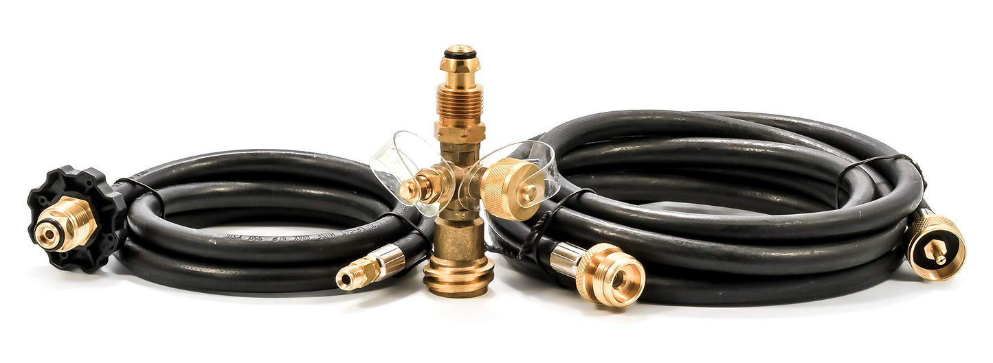 Camco Propane Brass 4 Port Tee- Comes with 5ft and 12ft Hoses, Allows for Connection Between Auxiliary Propane Cylinder and Propane Appliances (59123), Black