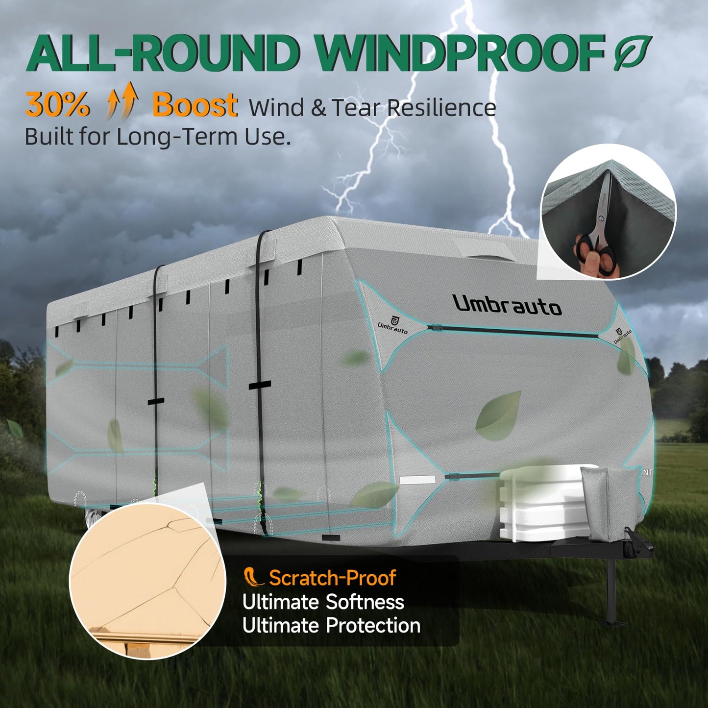 Umbrauto RV Cover Fits 30-33ft Travel Trailer: Lightweight, Waterproof Camper Cover for Toy Hauler, Winter Campsite, with Gutter Covers, Tongne Jack Covers, Windproof Straps