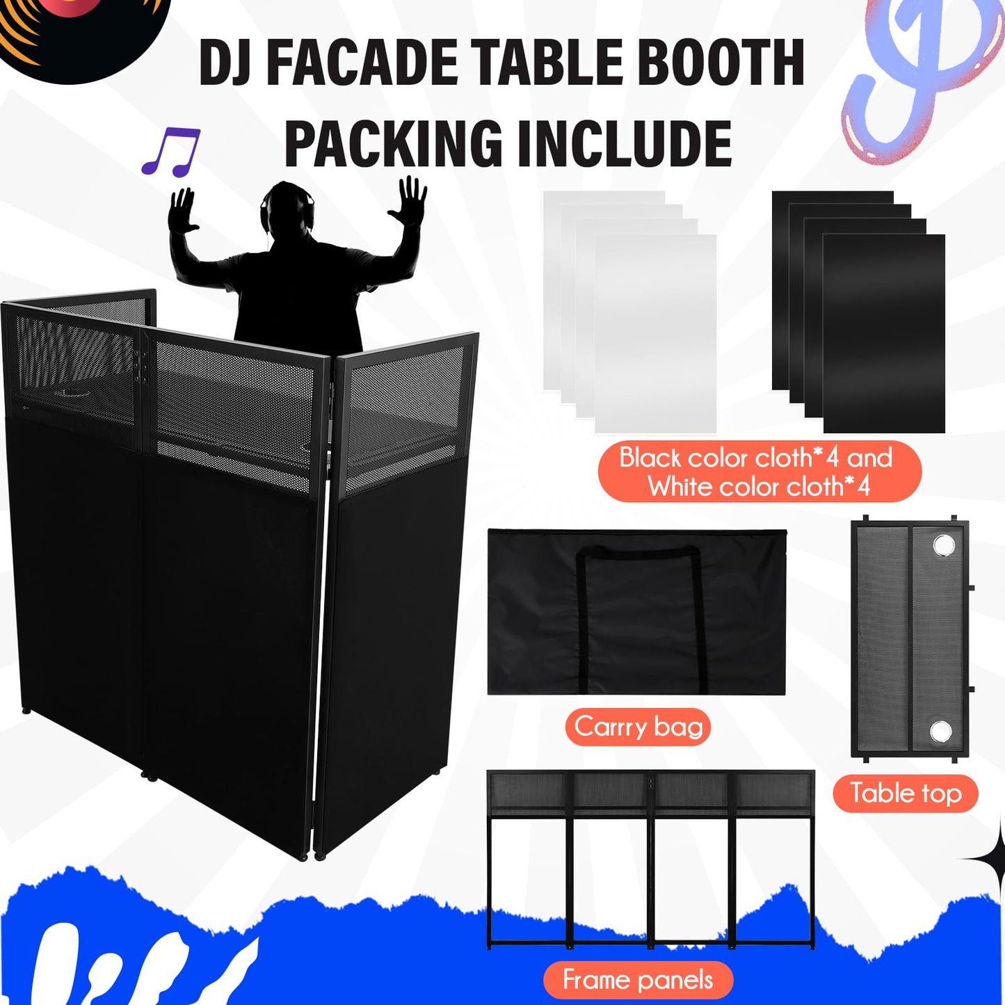 Portable DJ Facade Booth, Foldable DJ Table Station With White & Black Lighting Scrim,50"L x48" Hx 25"W DJ Stand Booth,With Adjustable DJ Event Facade Feet for Party, Black Metal Frame (52x 43.2 x 26)