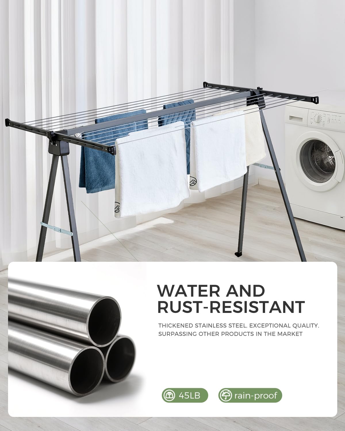 Sukkiri Homu Outdoor Clothes Drying Clothesline Rack, Heavy-Duty Steel Collapsible Laundry Drying Rack, Foldable & Portable Garment Drying Stand for Patio, Yard, Travel, Space-Saving Design