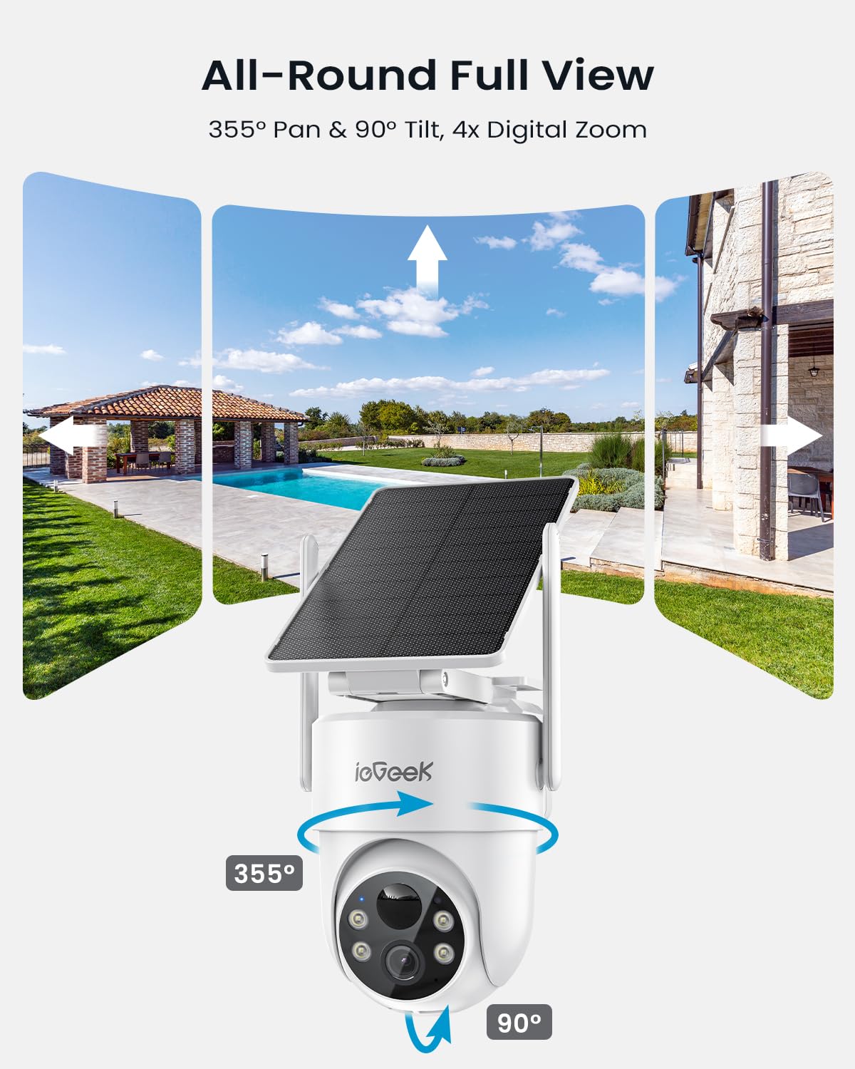 ieGeek 2 Pack S5 Solar Security Cameras Wireless Outdoor – 2K 3MP WiFi Camera with Removable Solar Panel, 360° Pan Tilt, Color Night Vision, AI Detection, 2-Way Audio, IP65 for Home Security