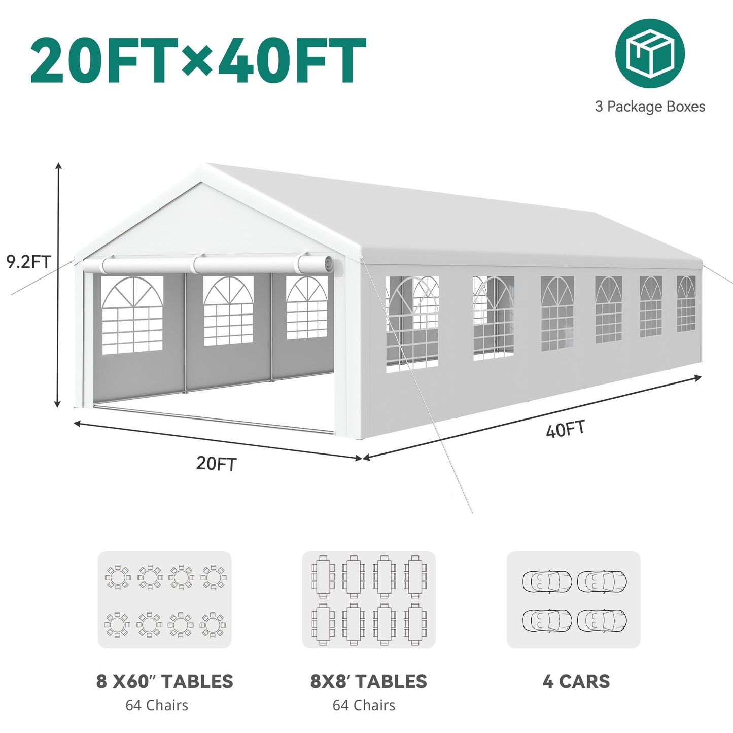 YITAHOME 20x40FT Party Tent Heavy Duty Wedding Tent Event Shelters Outdoor Canopy Upgraded Galvanized Steel Carport with Removable Sidewall Windows for Outdoor Weddings, BBQ and Parties (White)