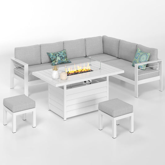 Solaste Aluminum Patio Furniture Set with Fire Pit Table, 6 Piece Sectional Metal Outdoor Furniture with Ottoman, Modern Patio Conversation Set Water-Resistant Cushion for Balcony, Front Porch, White
