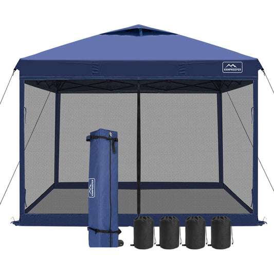 KAMPKEEPER 10x10 Pop-Up Canopy Tent, Waterproof Portable Shade with Screen Walls, Adjustable Instant Outdoor Shelter for Camping, Backyard, and Events, Navy Blue