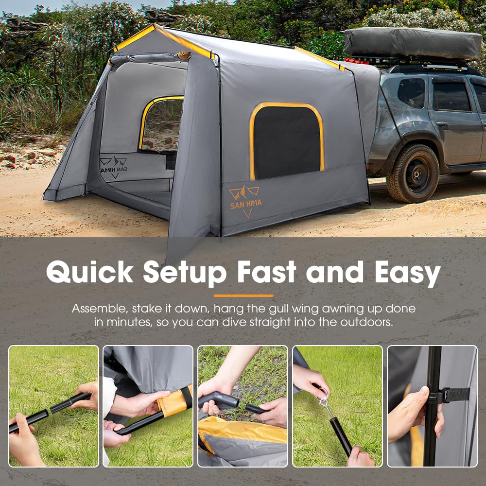 SanHima SUV Tent for Camping with Gull Wing Awning - Waterproof Up to 8 Person Car Tent for Family, Van Jeep CUV Model Y, 8Ft x 8Ft x 7.6Ft