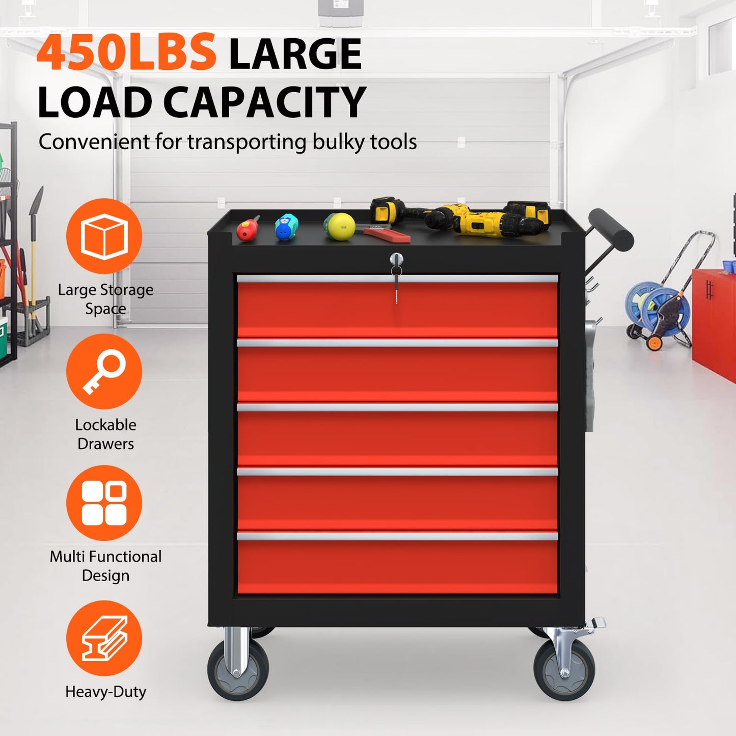 Granper 5-Drawer Rolling Tool Chest, Tool Box with 4 Wheels and Drawers, High Capacity Detachable Mobile Tool Storage Cabinet for Garage, Workshop, Mechanics and Repair Room (Blackred)