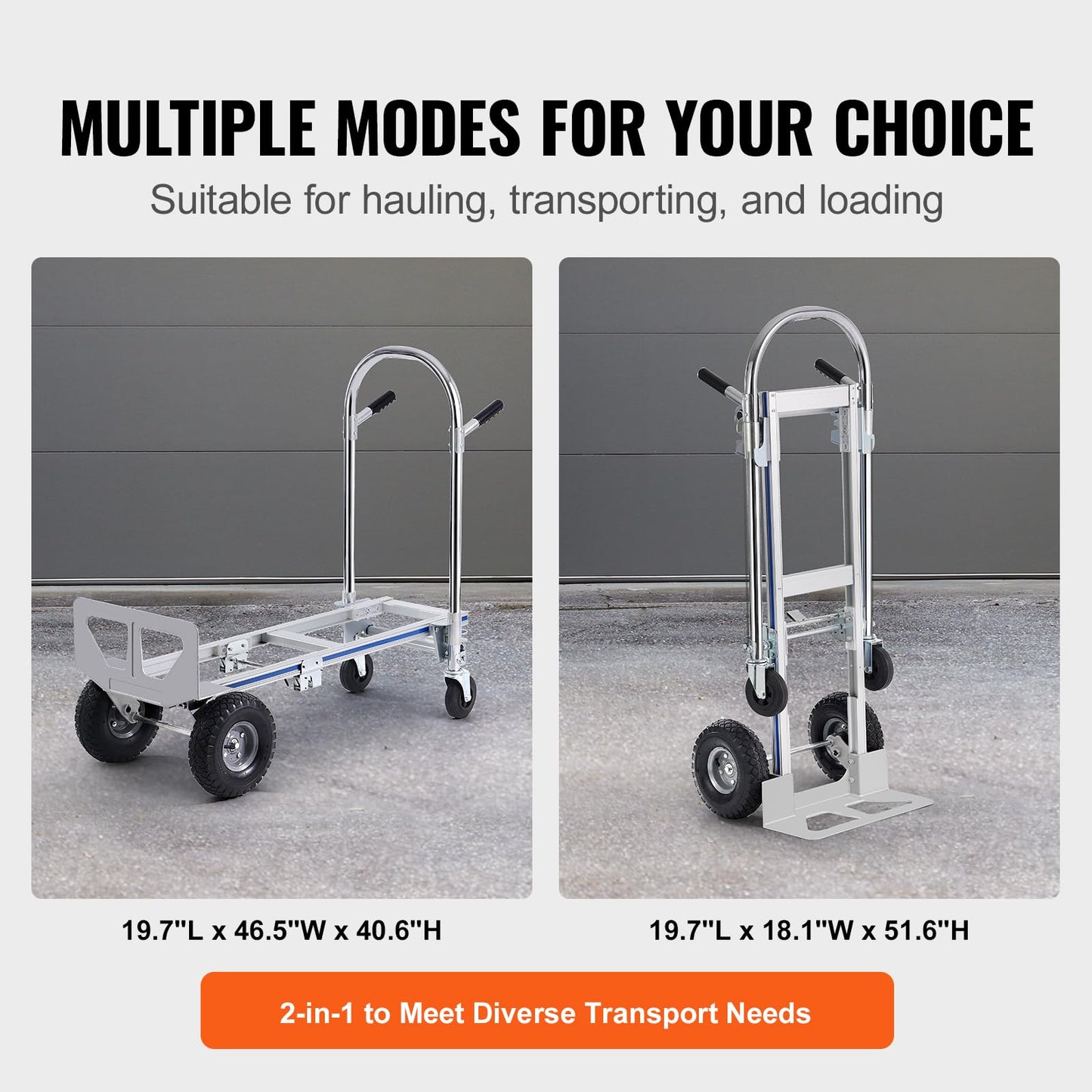 VEVOR Aluminum Truck, 2 in 1, 800 lbs Load Capacity, Heavy Duty Industrial Convertible Folding Hand Truck and Dolly, Utility Cart Converts from Hand Truck to Platform Cart with Rubber Wheels