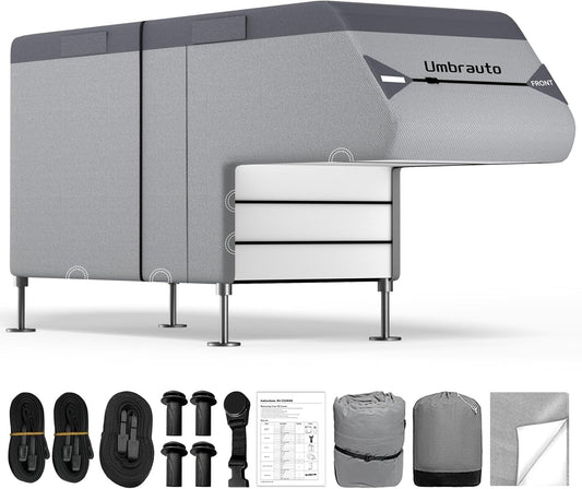 Umbrauto Truck Camper Cover Fits 10-12ft, 7-Layer Top RV Trailer Covers, Waterproof All Season Protection with Gutter Cover, Windproof Straps