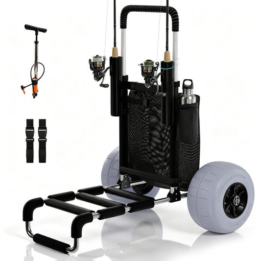PYY Beach Fishing Cart - 220LBS Foldable Aluminum Beach Wagon Trolley with 13" Balloon Wheels, 23" x 15" Cargo Deck, Fishing Rod Holders, 30" to 40" Adjustable Handle, Heavy Duty Cart for Beach