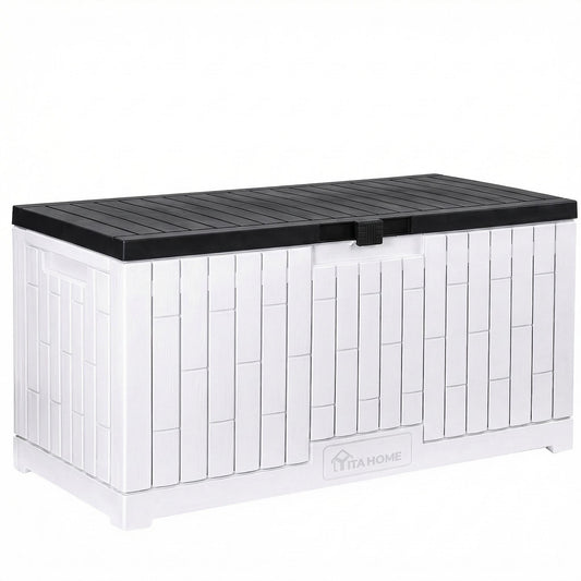YITAHOME Large Deck Box 120 Gallon Resin Outdoor Storage Box w/Slide-Locking Black Lid, Patio Storage Bin for Outdoor Pillows, Garden Tools and Pool Supplies, Waterproof, Lockable, Grayish-White