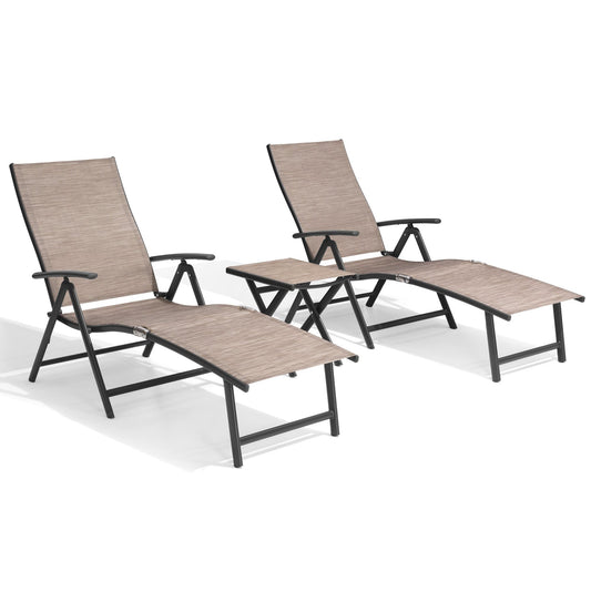 Crestlive Products 2PCS Chaise Lounge Chair Outdoor with 1PC Side Table, Aluminum Folding Patio Recliner Chair, Adjustable 8 Positions Assemble-Free