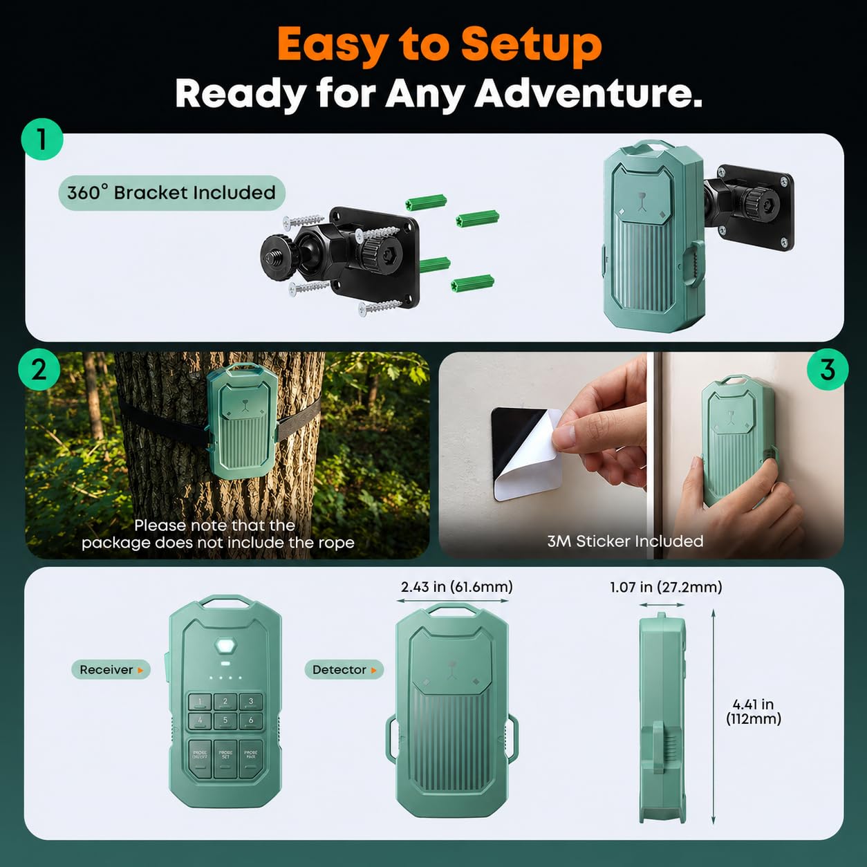 LETWESAF Wireless Radar Motion Detector Sensor – Add-On Accessory Only, No Receiver – 1/2 Mile Range, 50ft Detection Zone, Rechargeable, Weatherproof– Outdoor Security for Camping Home Driveway（Green）