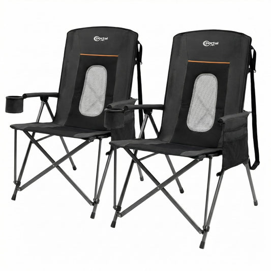 Portal Oversized Folding Camping Chair High Back Portable Lawn Chairs for Adults Outdoor Sports with Hard Armrest Cup Holder，Supports 400LBS, 2P Black