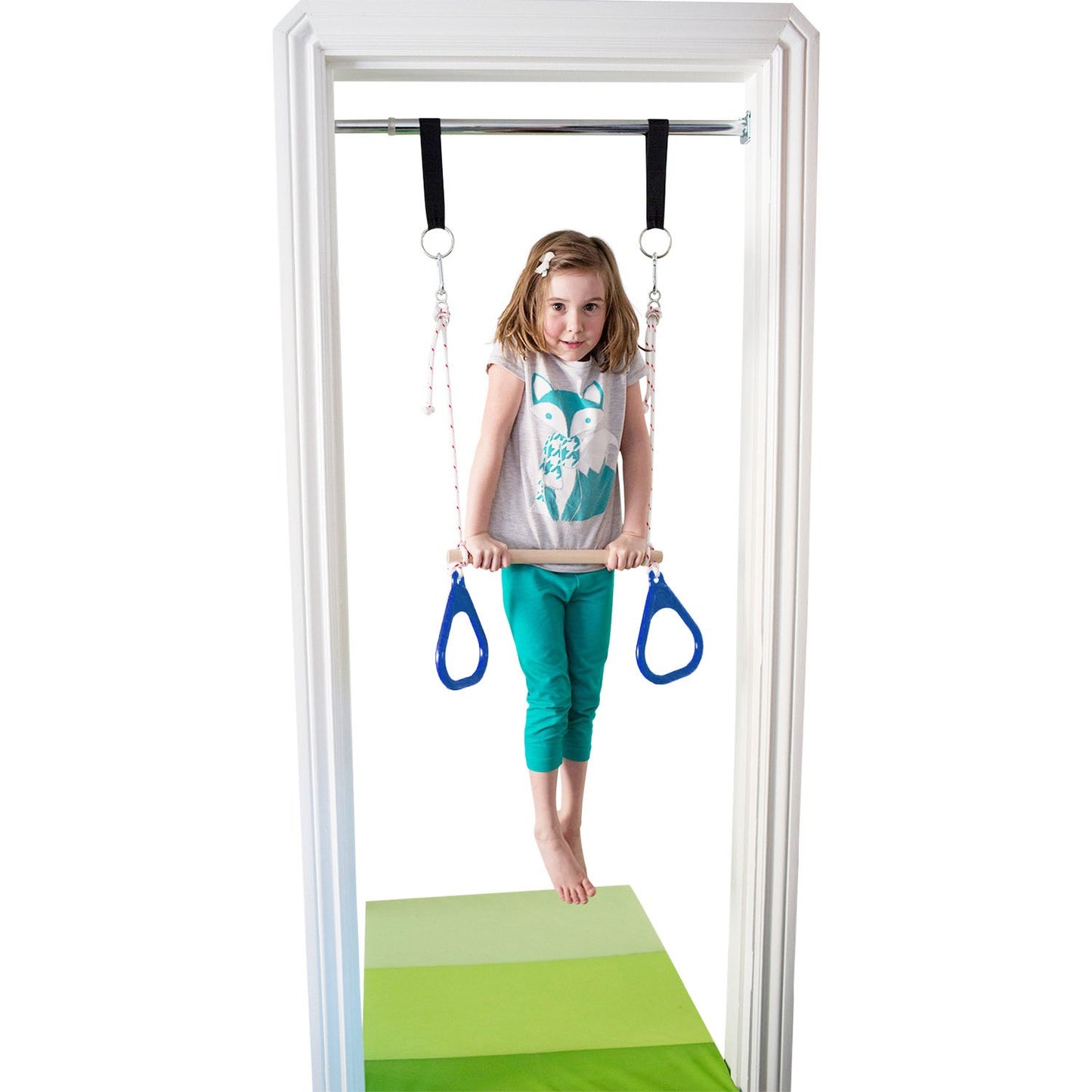 DreamGYM Doorway Swing for Kids Indoor - Trapeze Bar and Blue Gymnastic Rings Combo