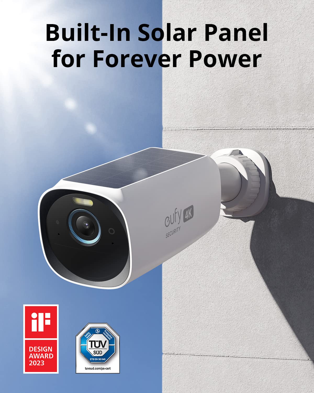 eufy Security eufyCam S330 (eufyCam 3) Add-on Camera, Security Camera Outdoor Wireless, 4K with Integrated Solar Panel, Face Recognition AI, Spotlight, No Monthly Fee, Built-in 16GB