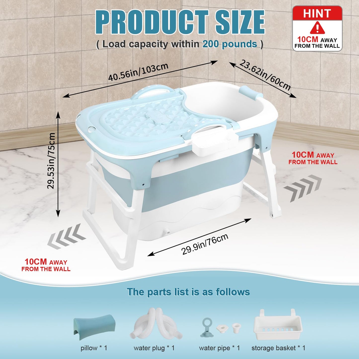 Portable Foldable Bathtub for Adult, 41" Small Foldable Tub with Ergonomic Seat & Massage Roller, Large Capacity Soaking Tub for Adults with Thermal Cover (Blue)