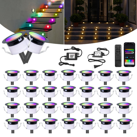 FVTLED LED Deck Lights Kit, Φ1.22 Low Voltage WiFi Pixel RGBW+IC Multi-Color Dynamic Deck Lighting with Remote Control, IP67 Waterproof Outdoor Step Lights DC12V for Garden,Steps,Stair(30 Pack, Black)